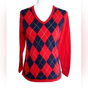 Tommy Hilfiger Argyle V Neck Sweater Womens S/P Cotton Long Sleeve Red Navy Gold